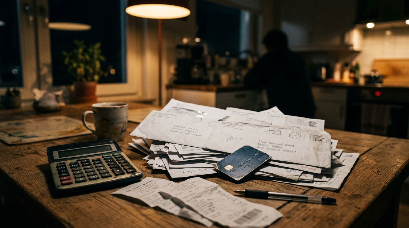 Bills, a credit card and a calculator on a kitchen table at night