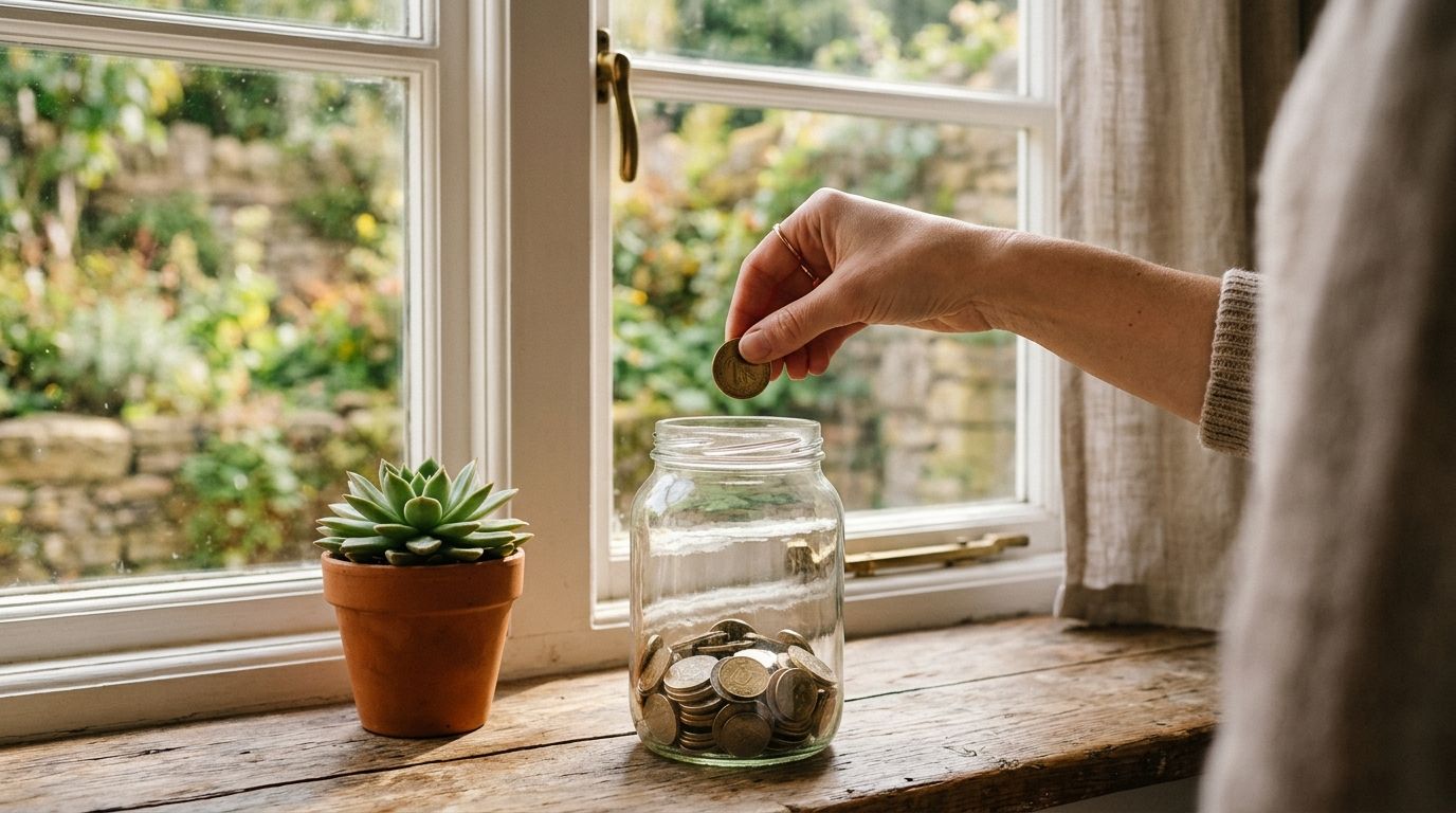 A hand dropping a coin into a glass jar by a sunny window
