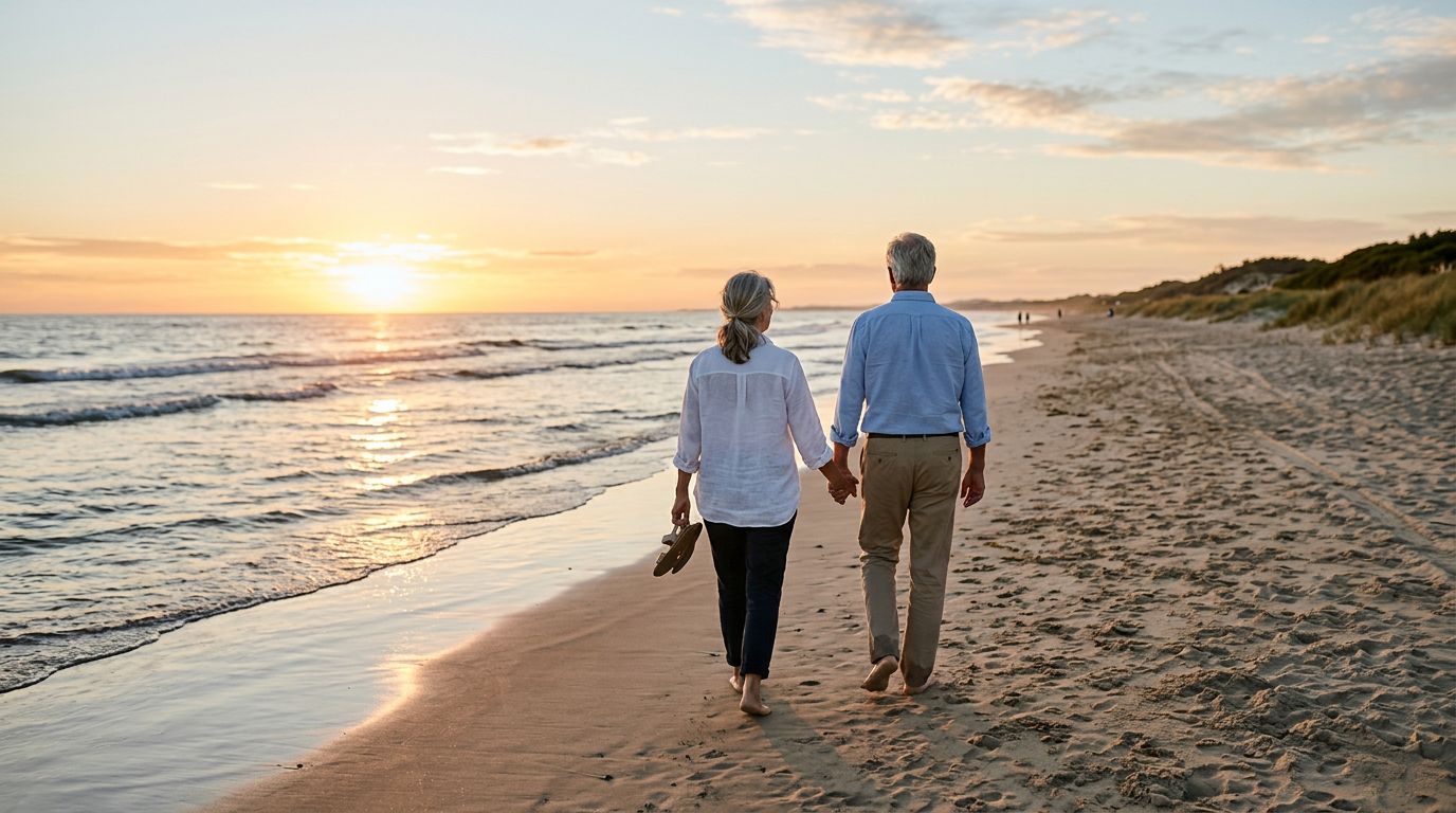 An older couple walking hand in hand on a beach at sunset