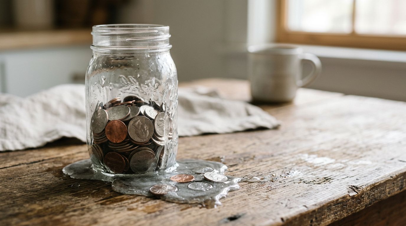 A jar of coins melting away, inflation eroding cash
