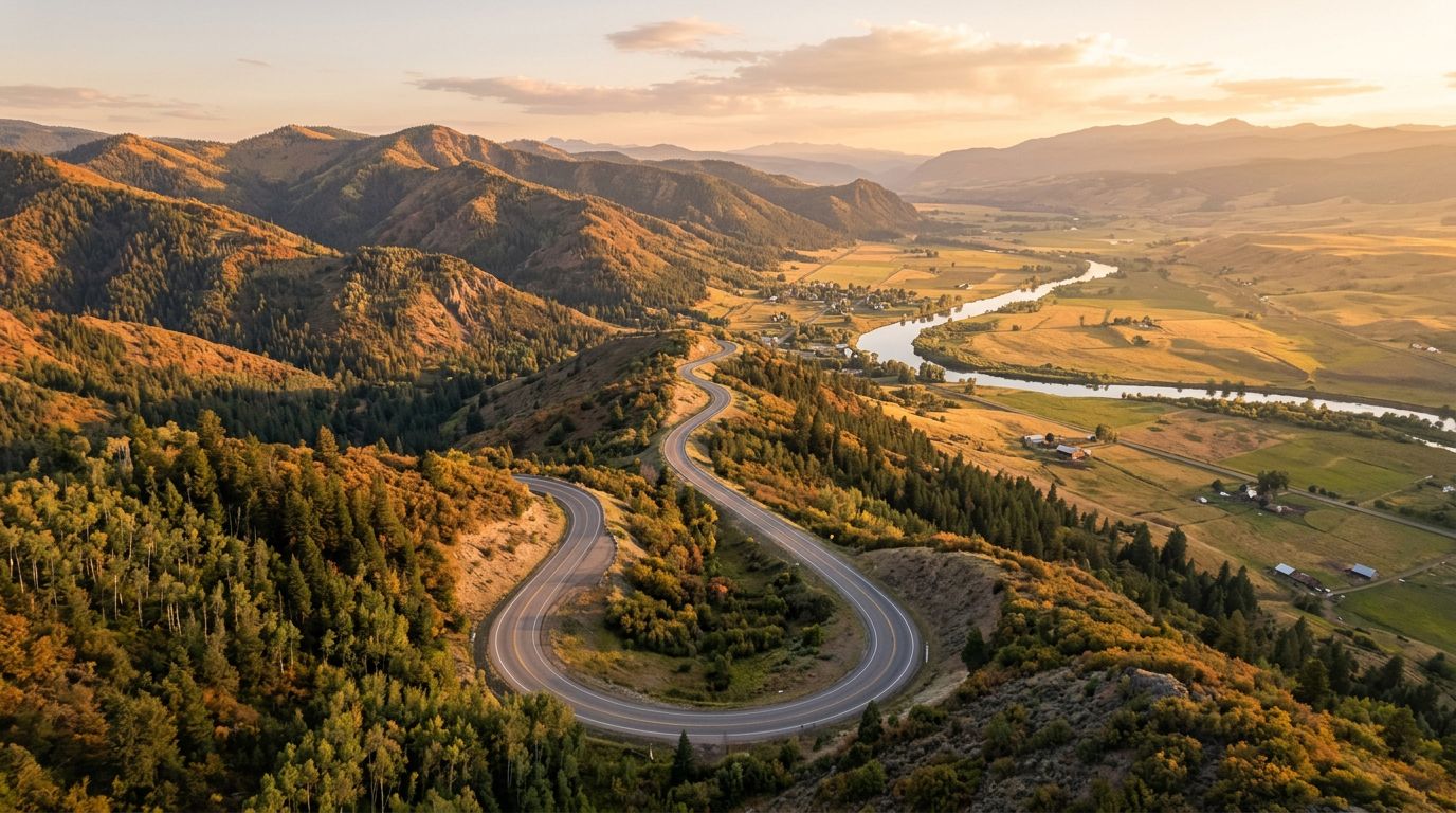 A mountain road gently descending toward a valley