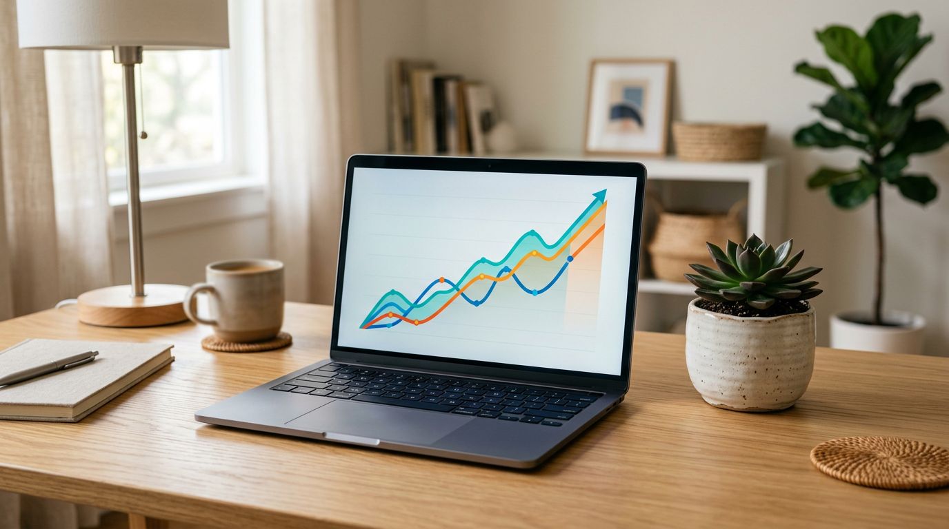 A laptop showing a rising chart in a home office