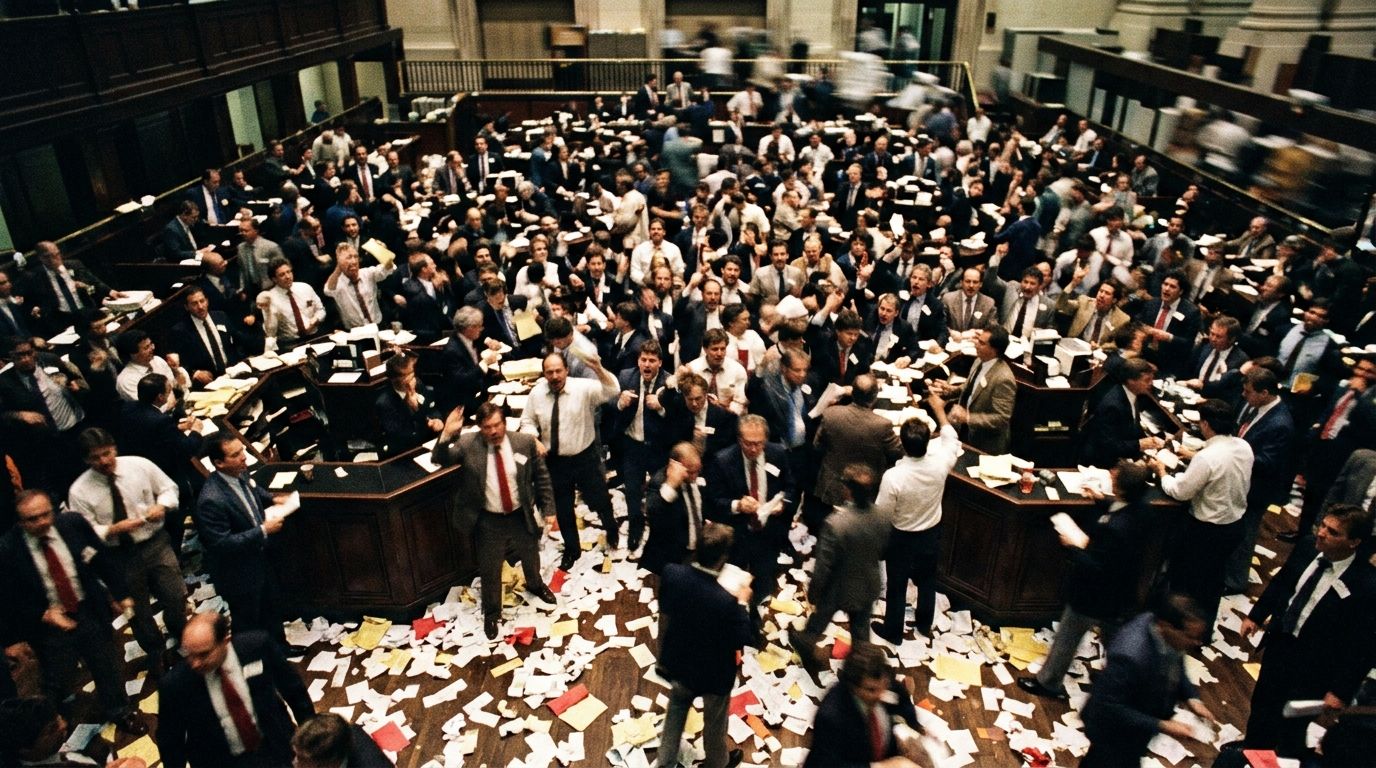 A crowded stock exchange trading floor in the 1980s