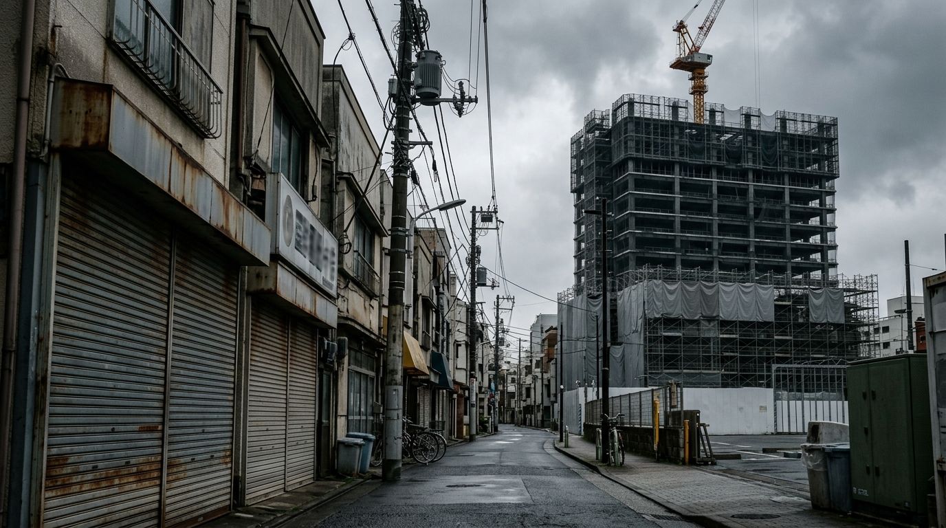 A quiet Tokyo street with closed shutters and an unfinished building