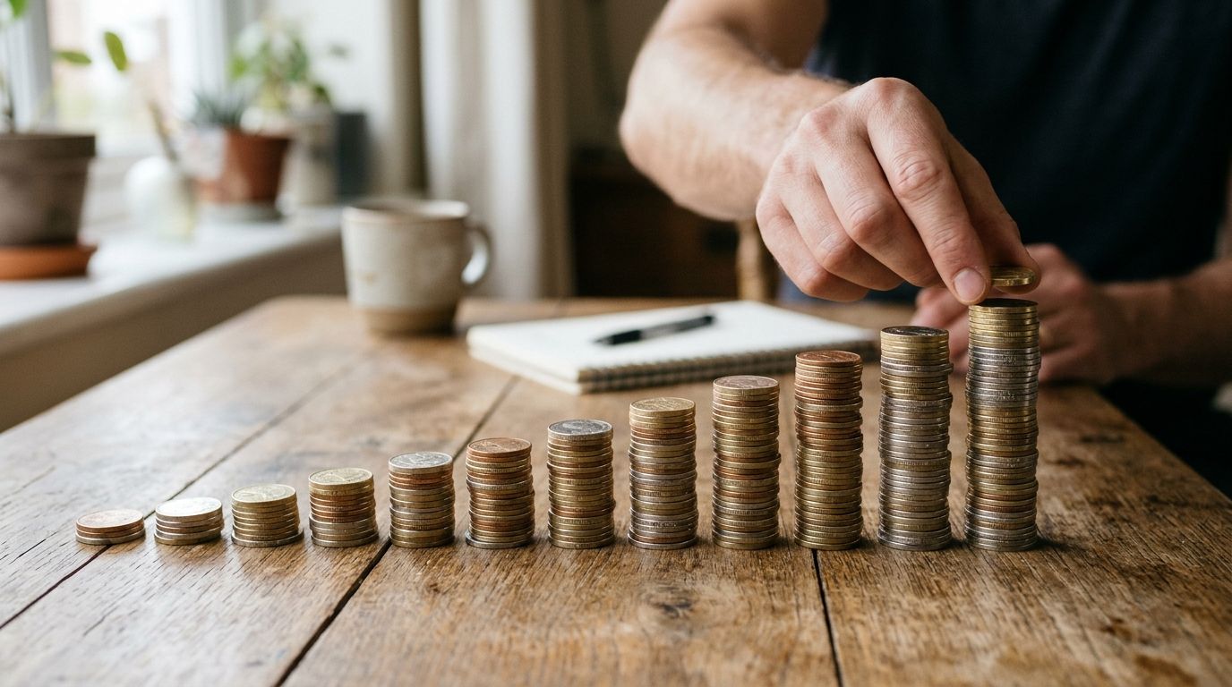 Masada soldan sağa yükselen bozuk para kuleleri ve bir kuleye eklenen madeni para