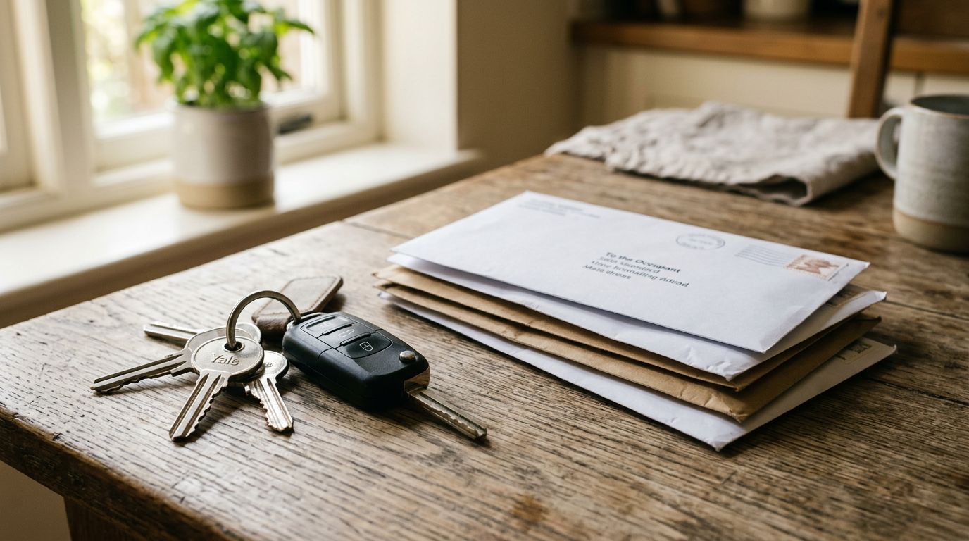 House and car keys on a kitchen table next to envelopes