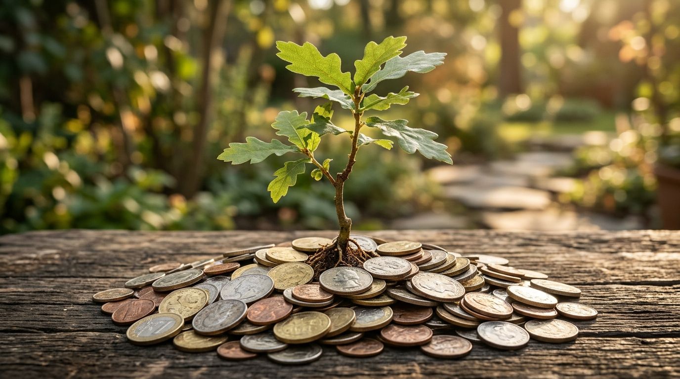 A young sapling growing out of a pile of coins