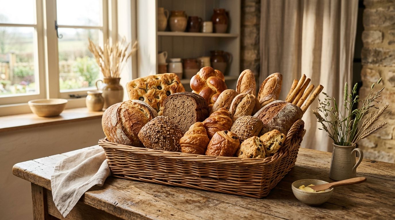 A basket filled with different kinds of bread