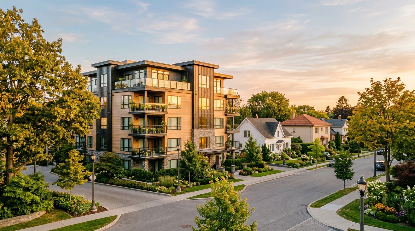 Apartment buildings and houses in a quiet neighborhood at golden hour