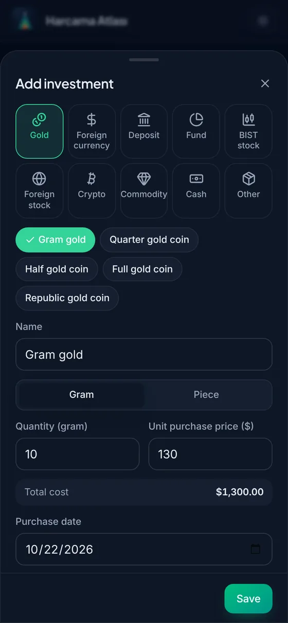The add investment screen