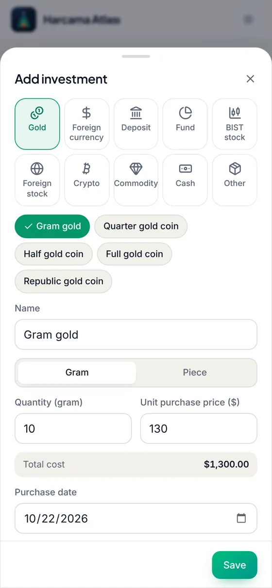The add investment screen