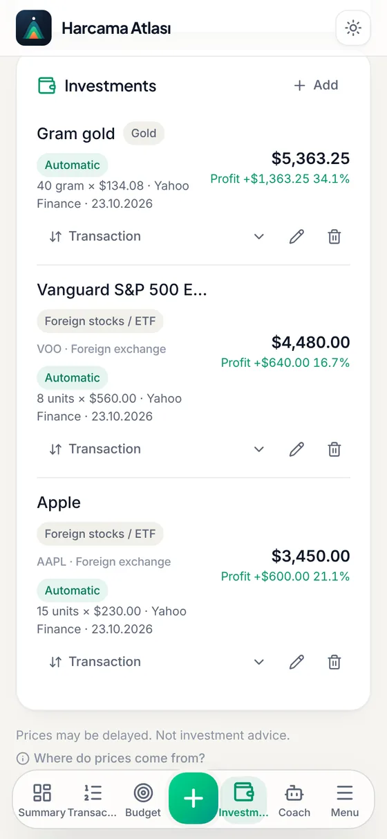 Current prices and profit/loss in the My investments list