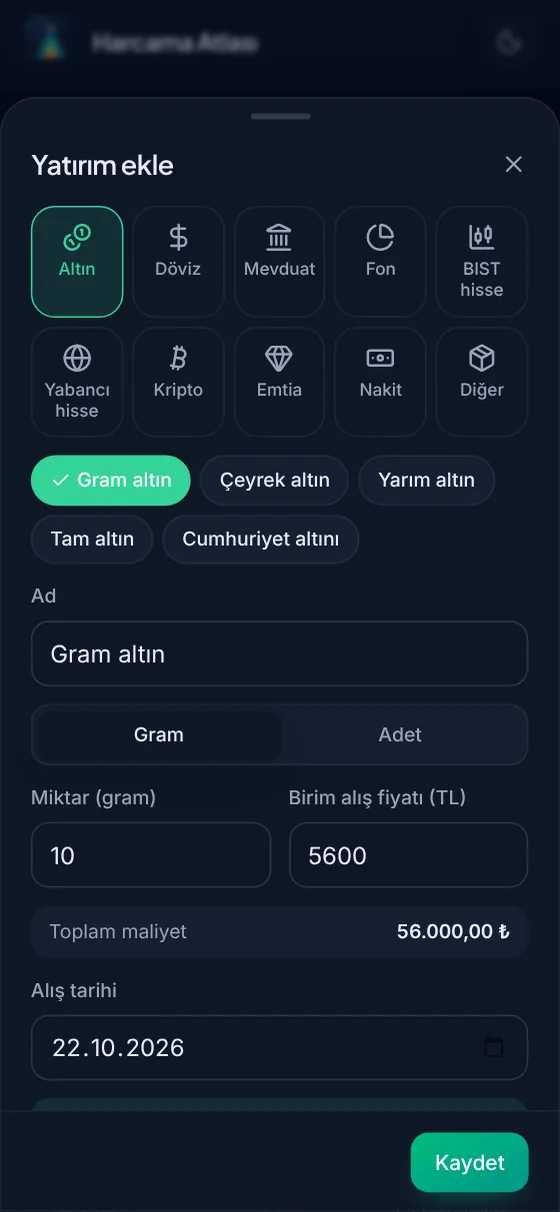 Yatırım ekleme ekranı